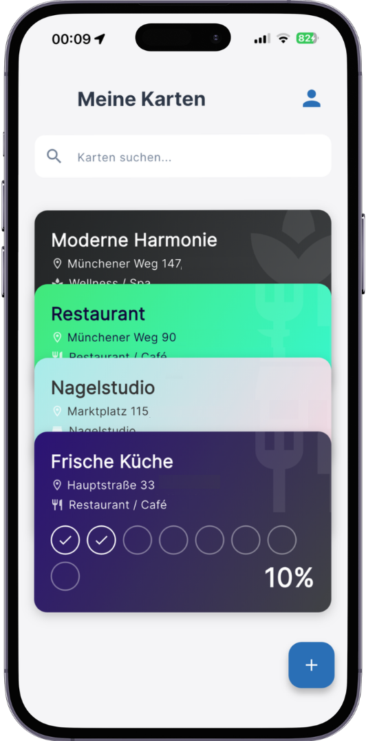 Screenshot der Stampica mit digitalen Stempelkarten für Nagelstudios, Friseure und Wellness-Spas