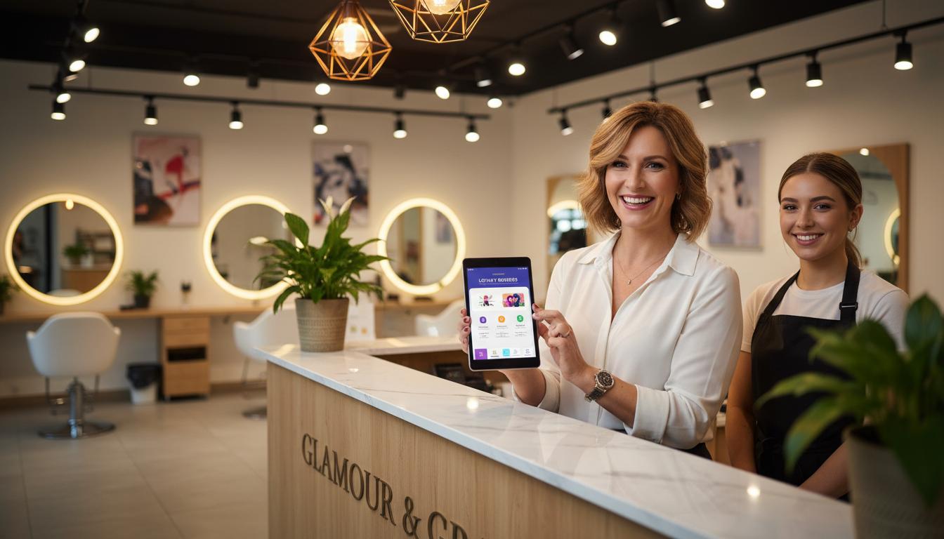 Friseursalon mit Mitarbeiterin, die ein Tablet mit der Stampica zeigt
