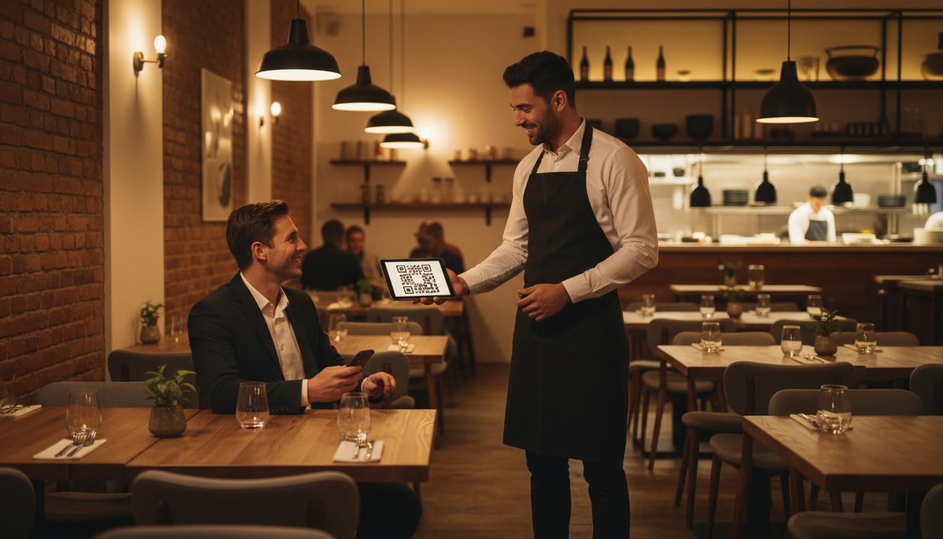 Kellner in einem Restaurant zeigt einem Gast einen QR-Code auf einem Tablet zum Stempeln