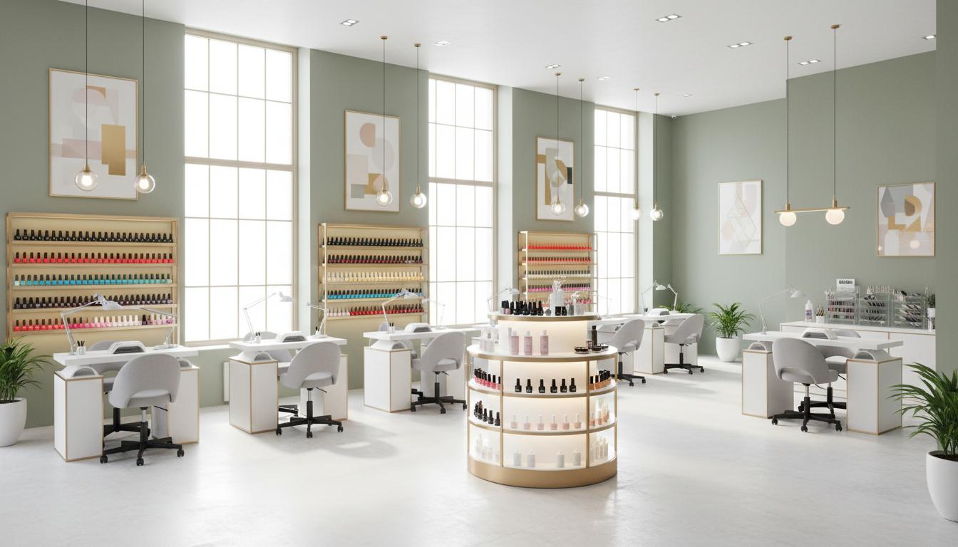 Modernes Nagelstudio mit Arbeitsplätzen und Nagellack-Auswahl
