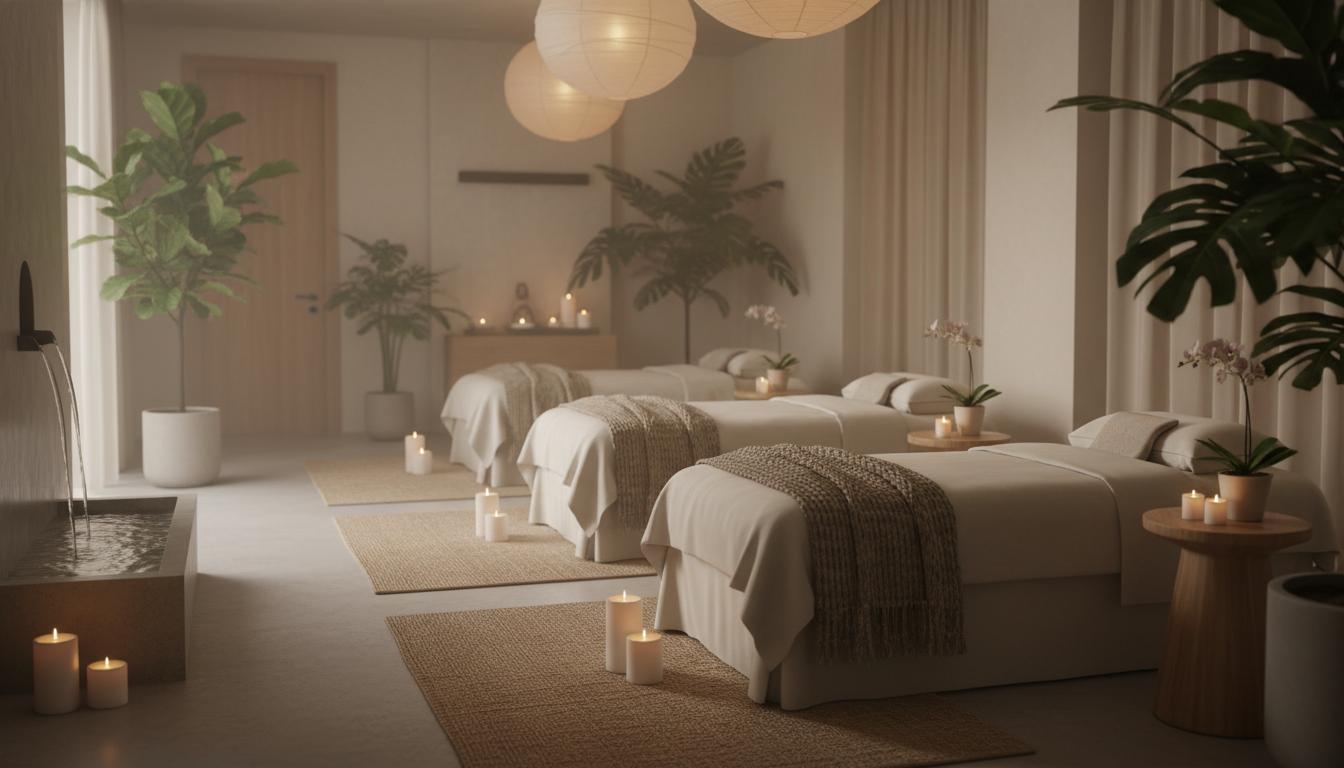 Entspannender Wellness-Raum mit Massagebetten, Kerzen und Pflanzen